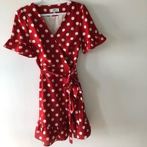 Red polka dot wrap dress